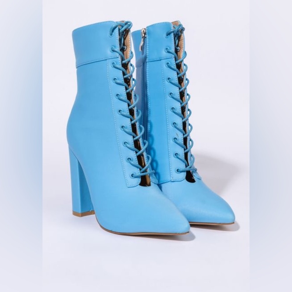 Azalea Wang Blue Lace Up Nylon High Heel Boots - Picture 3 of 6